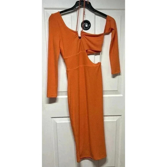 NWT J Lux Label Orange Midi Dress Women’s Size Small Cut Out Long Sleeve - Picture 3 of 9